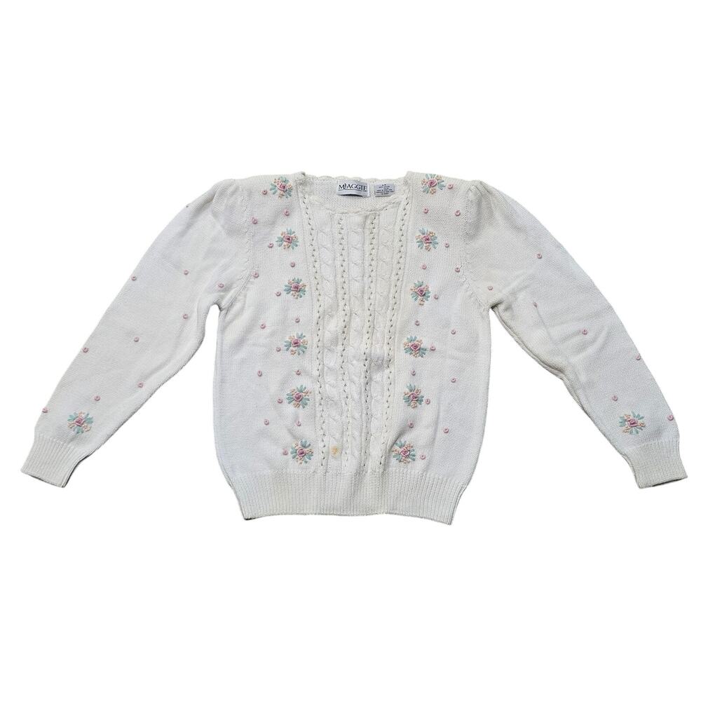 Vintage Maggie Jana Embroidered Floral Cotton Cable Knit Sweater Shoulder Pads